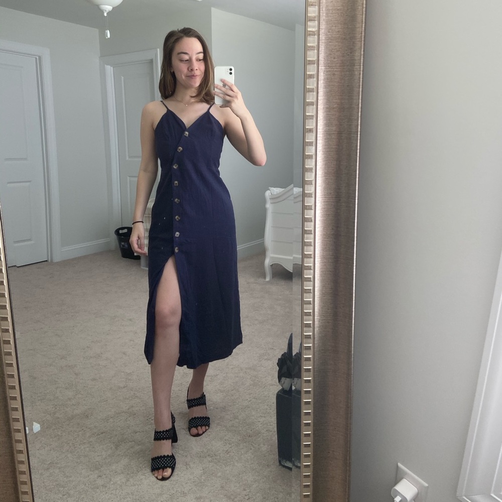 Navy Button Midi Dress with Slit